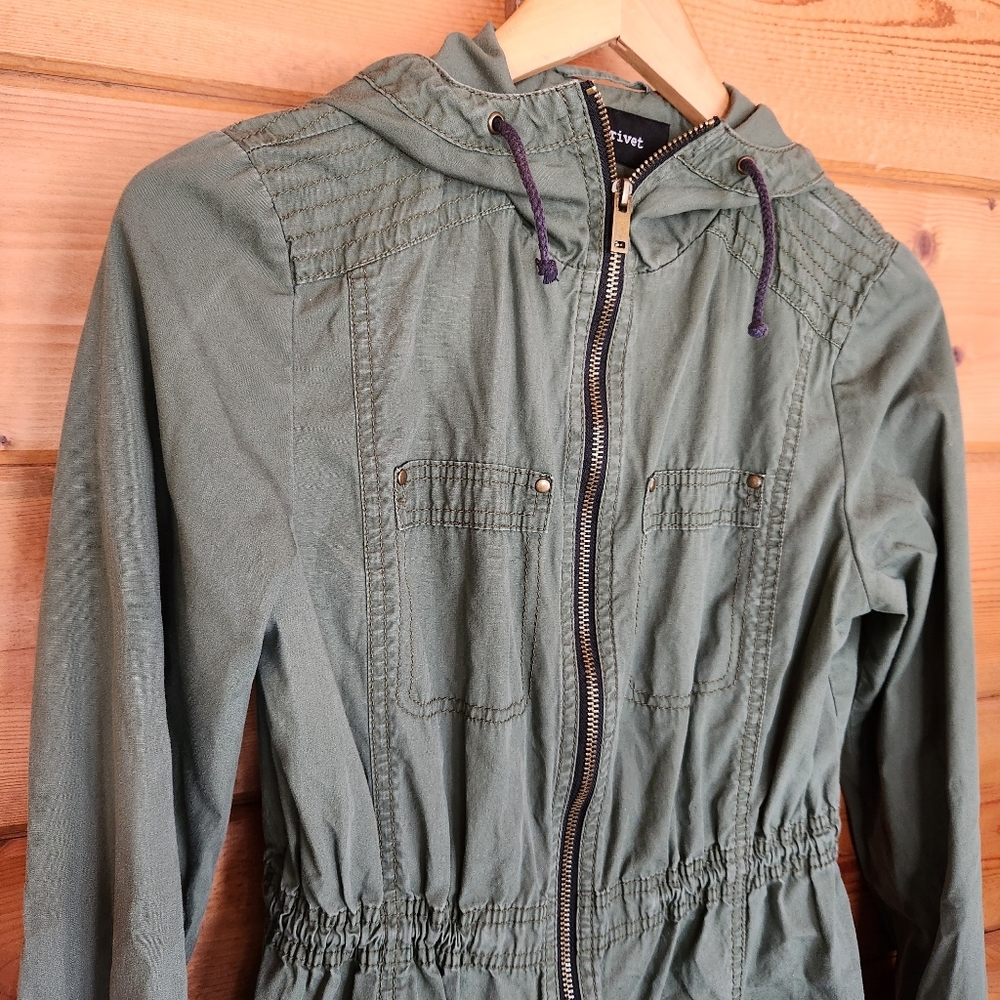 Black Rivet Hooded Military Utility Cargo Jacket Outdoor Green Stretch Zip Sz XS - Picture 2 of 10